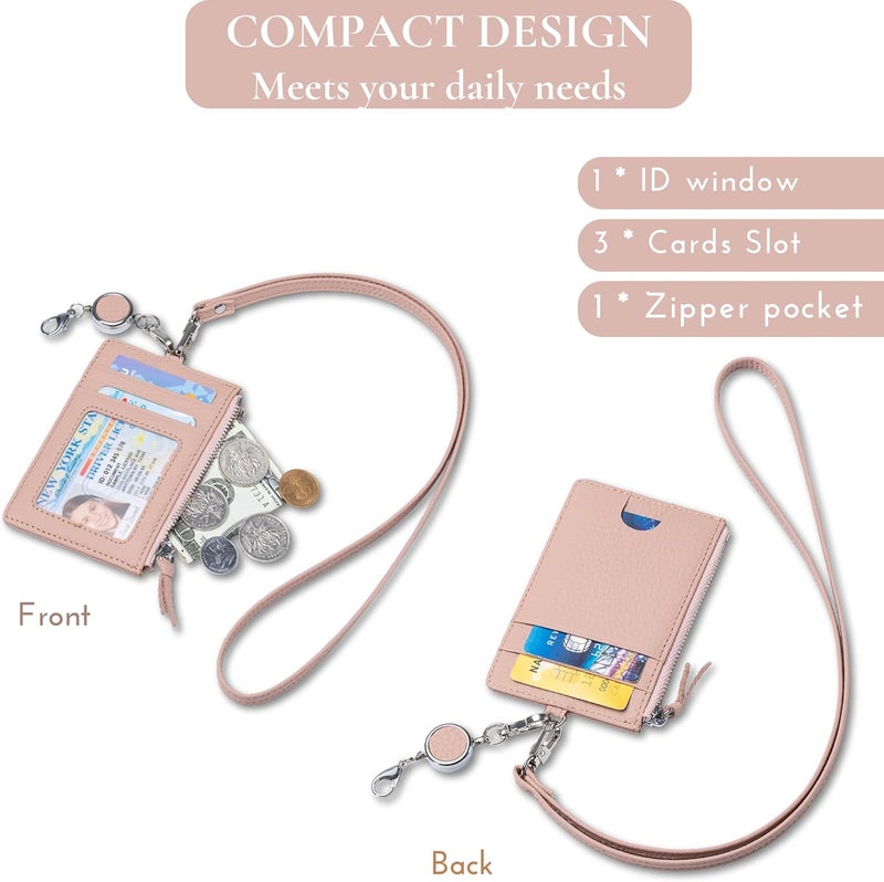 EutDett Leather Lanyard Wallet with ID Badge Holder, Minimalist Wallet for Women & Men, Women's ID Case with Zipper Pocket, Breakaway Lanyard & Retractable Reel Clip for Teacher Nurse Student (Light Pink) - Image 2